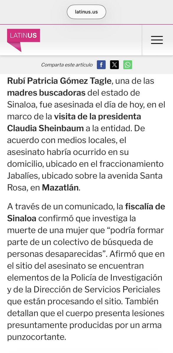 Esto es gravísimo. Asesinaron a la mamá buscadora Rubí Patricia Gómez-Tagle en Mazatlán. Pasó mientras Claudia Sheinbaum anda precisamente en Mazatlán presumiendo que bajaron 50% los homicidios dolosos en Sinaloa. Qué terrible