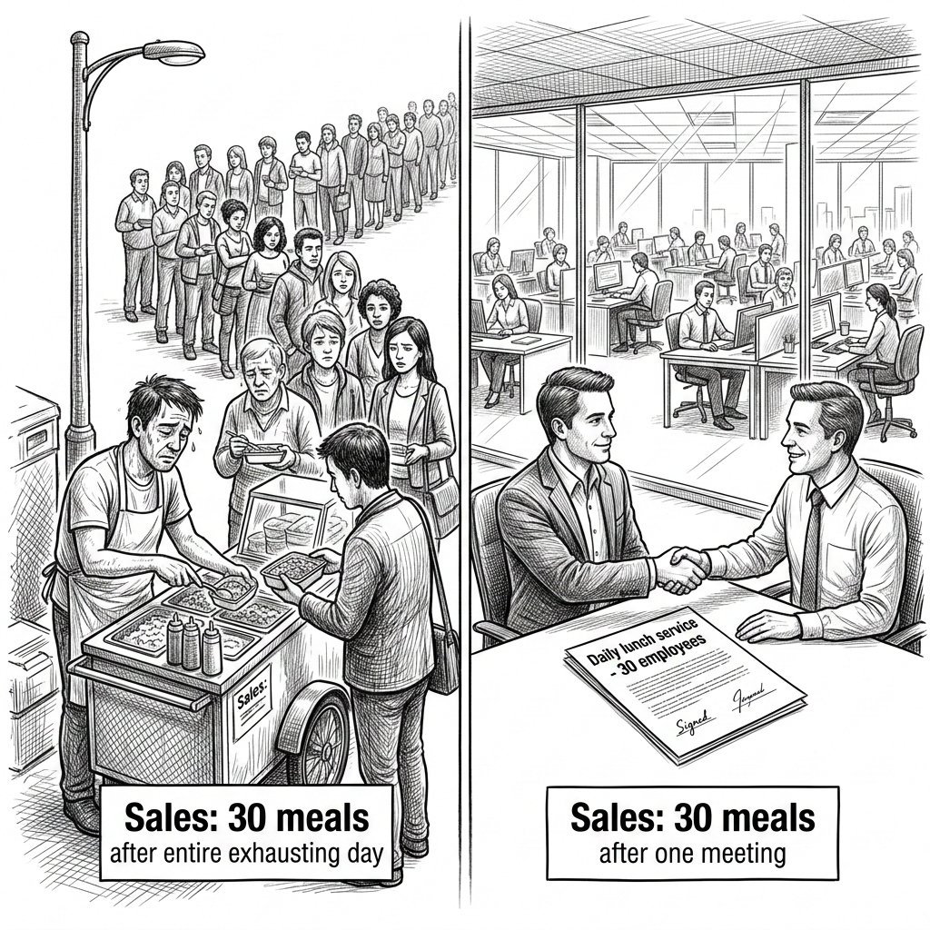 wittyprince_'s tweet photo. B2B always beats B2C in volume because institutions buy bigger.

Instead of selling one meal at a time, sell to a company with 30 employees.

One partnership = 30 sales instantly.

Most grind at B2C instead of targeting audiences that already exist. https://t.co/zhvWdROFRD