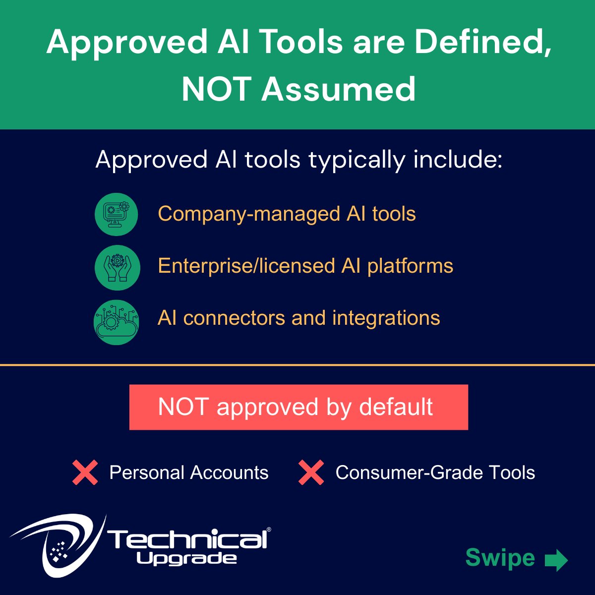 TechUpgrade's tweet photo. Most organizations don’t have an AI problem.
They have a clarity problem.

Define the tools. Define the data. Own the governance.

That’s how you reduce risk without slowing innovation.

#TechnicalUpgrade #MSP #ArtificialIntelligence #AIGovernance #AICompliance #CyberSecurity https://t.co/nBusEedVmS
