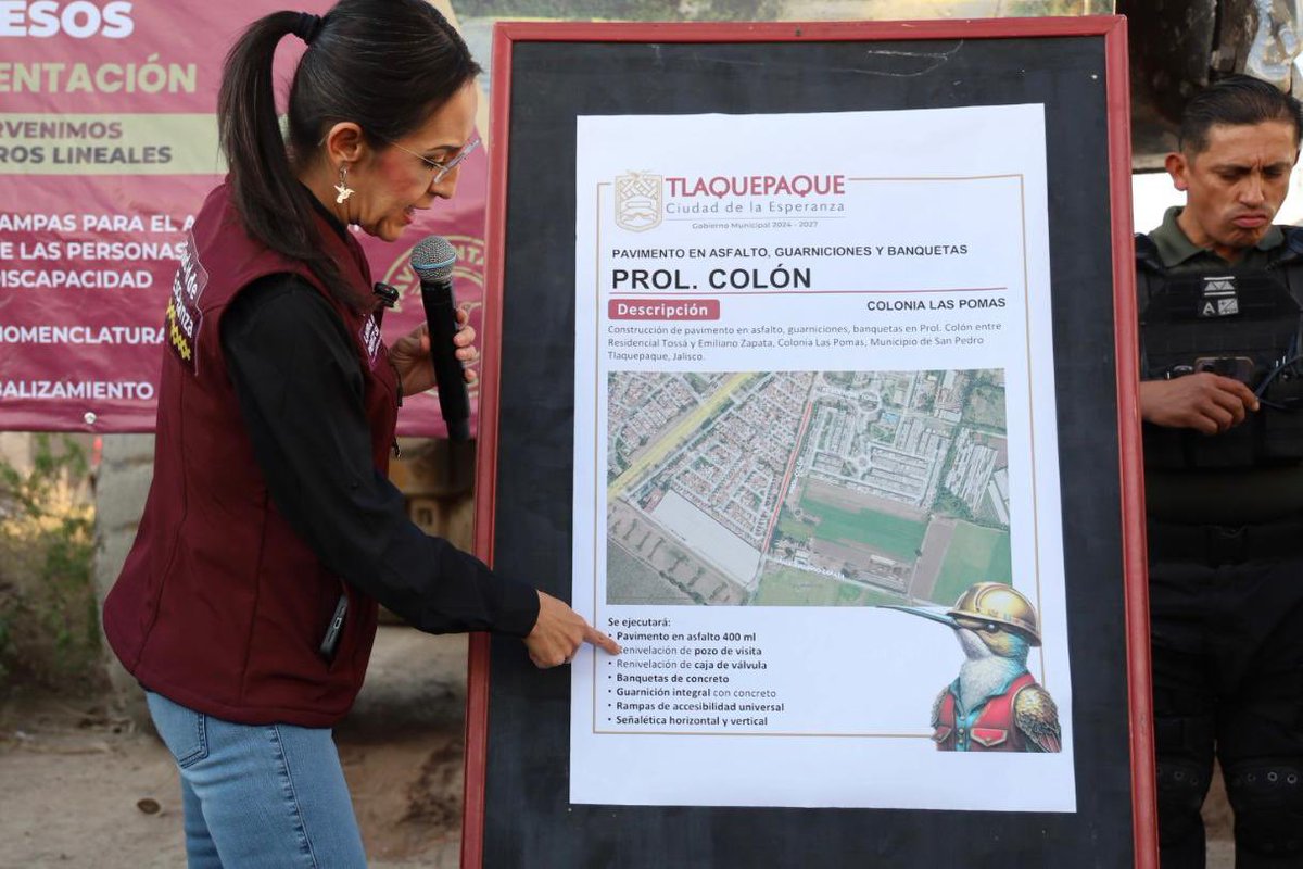 LauraImelPerezS's tweet photo. Arrancamos la obra de pavimentación en Prolongación Colón, una vía clave para la movilidad de San Pedro Tlaquepaque que durante años presentó rezagos.

Intervendremos 400 metros lineales con asfalto, además de banquetas de concreto, guarniciones integrales, rampas de accesibilidad y nueva señalética.  🚧

Esta acción beneficiará directamente a habitantes de Las Pomas, Santa Anita, Residencial Tossá y Los Magueyes. Obras que son amores. 

#LaCiudadDeLaEsperanza #ObrasQueSonAmores