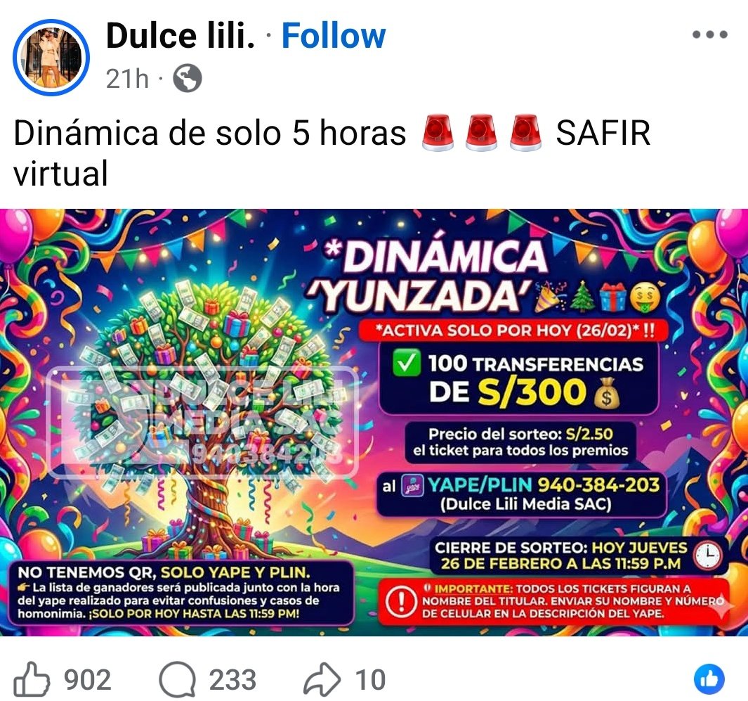 A propósito, dan curiosidad los sorteAZOS! q hacen varios influencers del FB/TT. Yapeas a cta de empresa y puedes ganar: casas de 3 pisos, dptos, 🚘, miles de soles en poco tiempo. 
Seguidores no les faltan pero aún así p/semejantes premios necesitan muchísimos tickets. 🔎