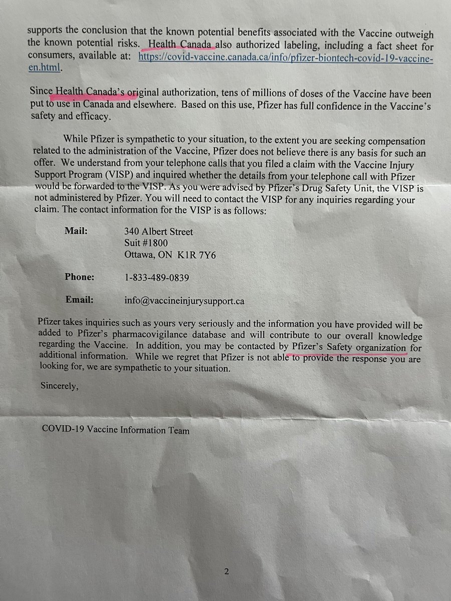 TbirdTmoney's tweet photo. 🇨🇦wake up! I have the full letter from Pfizer acknowledging all my injuries & disabilities. They blame 
HEALTH CANADA 
December 10, 2025- 19 times on 1 page alone.
This is TR£A$0N & pass the buck Literal MURD£R
I have lost literally everything. I’m a single mother of two and an RN of 26 years. I want accountability now.Liberal Francois-Philippe Champagne knew & signed off in 2021 see below🤬
