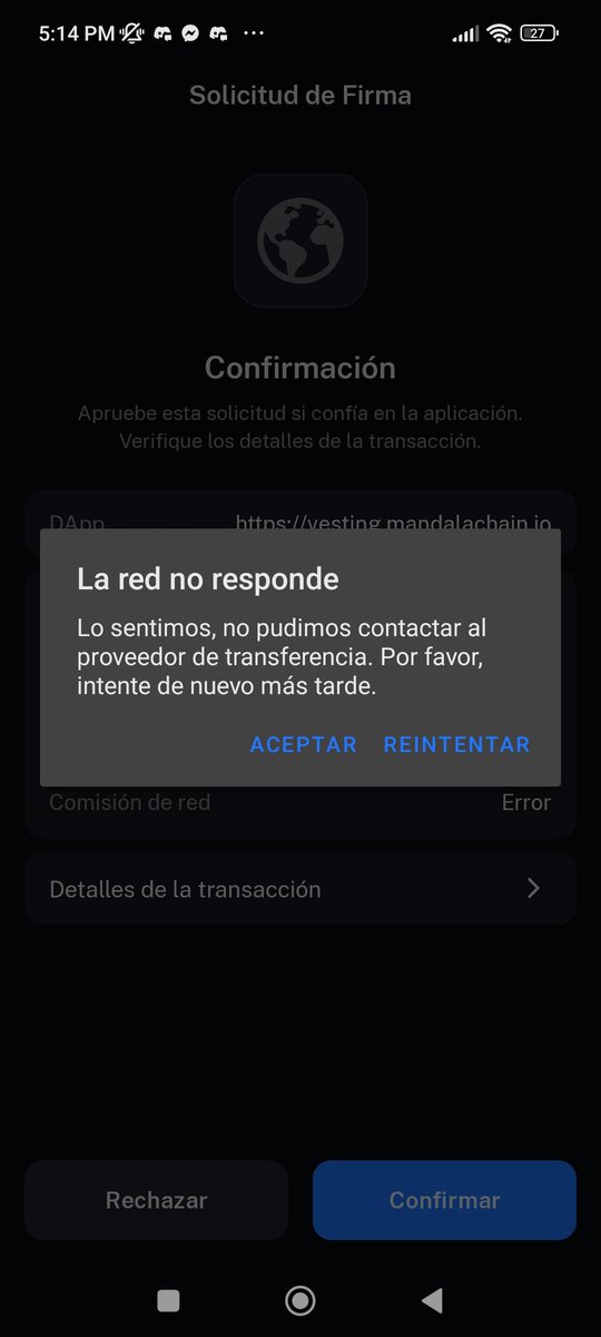 SaulSantosSM's tweet photo. @MandalaChain I am trying to confirm the transaction on the vesting website, but I receive a “Network not responding” error. The wallet says it cannot contact the transfer provider and asks me to try again later. Could you please check if there is an issue with the network or the vesting DApp. https://t.co/SQzbgHC44s