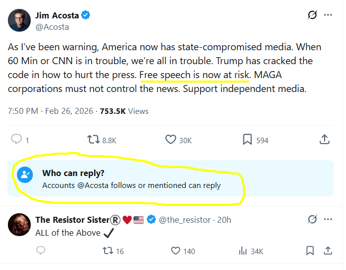 One thing you'll notice about virtually every leftist political figure (example: Hillary Clinton) or "journalist" is that they limit who can reply to their posts, all while pretending to be the true free speech advocates. Almost everything they say is a lie. Don't trust them.