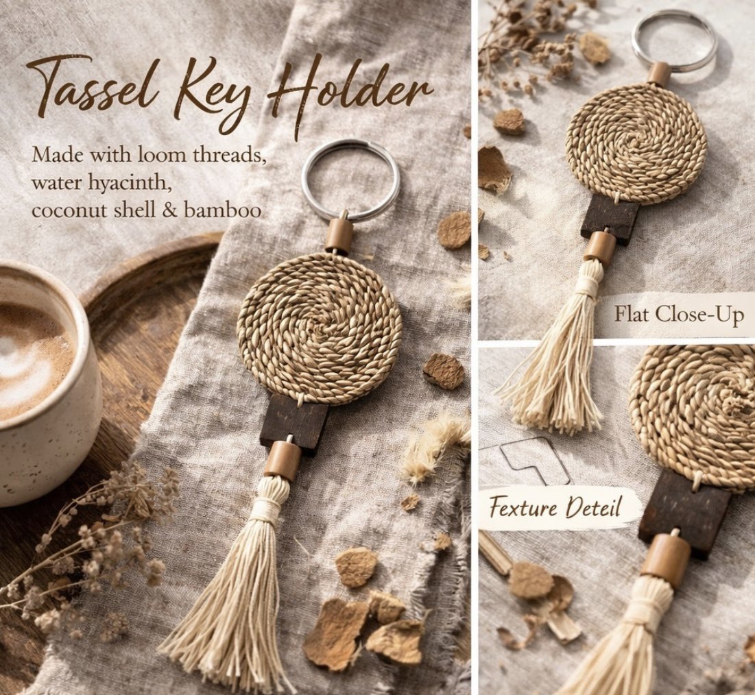 Materials Recovery 101 at MitiMeth ♻️

Water hyacinth, loom waste threads, coconut shells and bamboo offcuts transformed into color-popping tassel earrings and keychains.

Shop at MitiMeth. 

#mitimethmade #wasterecovery #madeinAfrica #circulareconomy