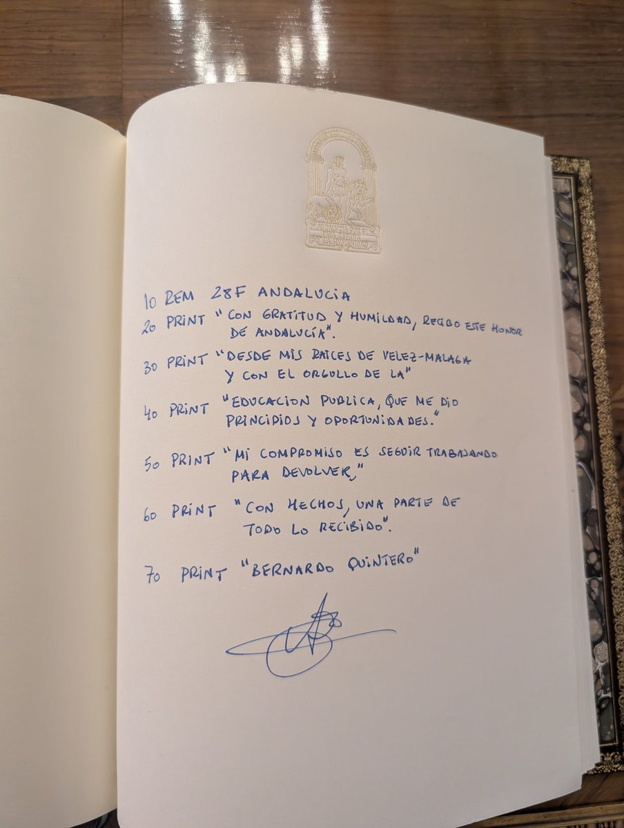 He firmado en el libro de honor con un programa en BASIC del ZX Spectrum, mi primer ordenador cuando era un crío en Vélez-Málaga. Allí empezó todo.

Las raíces importan. Y mucho.