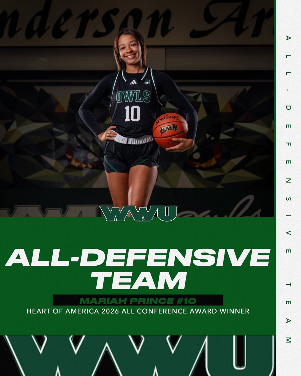 wwuowlsWBB's tweet photo. Locked in. Locked down! 🔒🏀

Congratulations to our senior Mariah Prince on earning All-Defensive Team Honors in the 2026 Heart of America Conference! 

Mariah finished the season with 79 steals &amp; averaged 8.8 rebounds per game. Earned it!🦉💚

#AllDefensive #OwlsUp #HootyHoot https://t.co/q5RZ5IbHT9