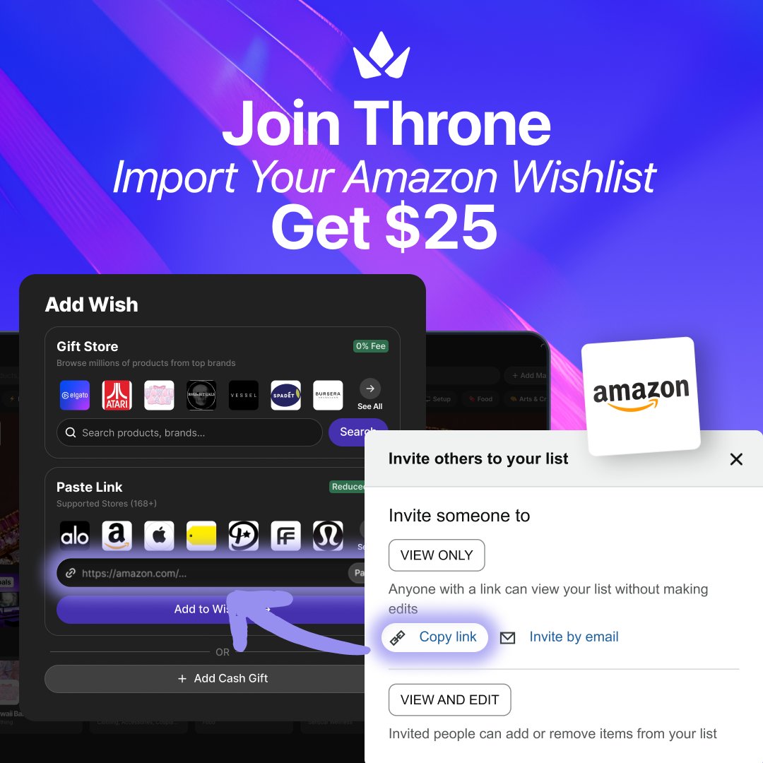 official_throne's tweet photo. $25 for upgrading your wishlist!

Join Throne → import your Amazon wishlist → get $25 after receiving $100 in Amazon gifts.

1M+ creators trust us to keep their info private. 🔒