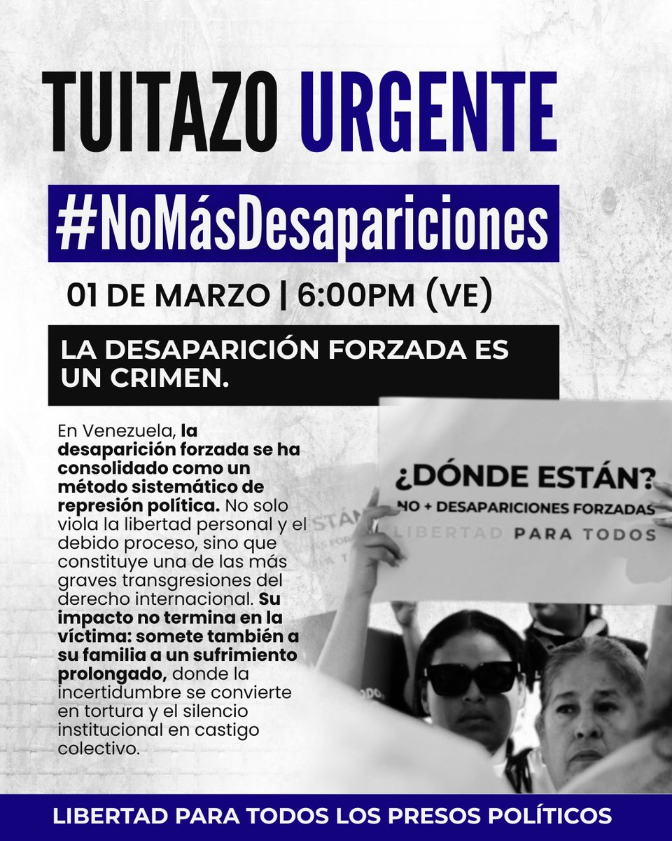 El <a href="/clippve/">Comité por la Libertad de los Presos Políticos</a> nos pide acompañarlos este domingo, 1 de marzo, a exigir #NoMasDesapariciones

La desaparición forzada, un crimen de lesa humanidad, es en Venezuela un método sistemático de represión política. Aún hay cientos de presos políticos de los que se desconoce su paradero.