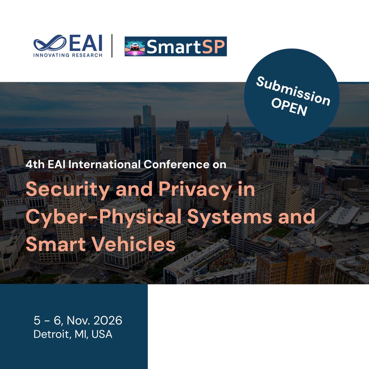 Brellen_Zhou's tweet photo. 4th EAI International Conference on Security and Privacy in Cyber-Physical Systems and Smart Vehicles (EAI SmartSP 2026) 

Submit your research to this global forum addressing security and privacy challenges in cyber-physical systems (CPS) and smart vehicles. @EAI_Social 
#EAI https://t.co/o6g8FUCbSw