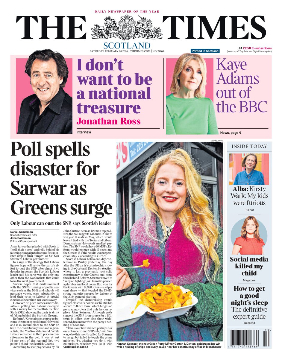 Saturday's SCOTTISH TIMES: Polls disaster for Sarwar as Greens surge #TomorrowsPapersToday