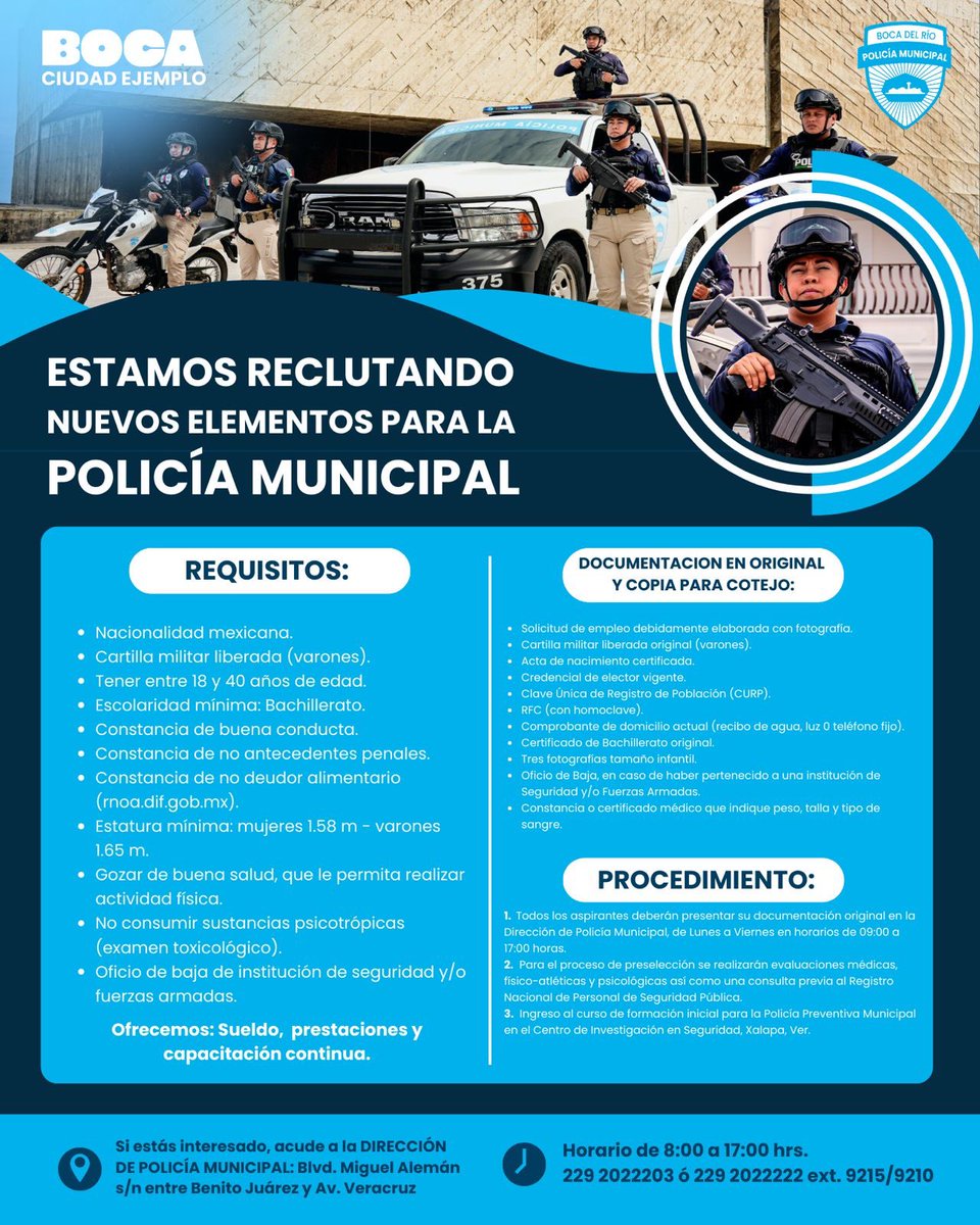 _BocadelRio's tweet photo. La Policía Municipal de Boca del Río convoca a nuevos integrantes comprometidos con la seguridad de nuestra ciudad. Cumple con los requisitos y únete a una corporación profesional y cercana. Consulta bases y requisitos para servir en Boca del Río. https://t.co/l1vxufqgn2