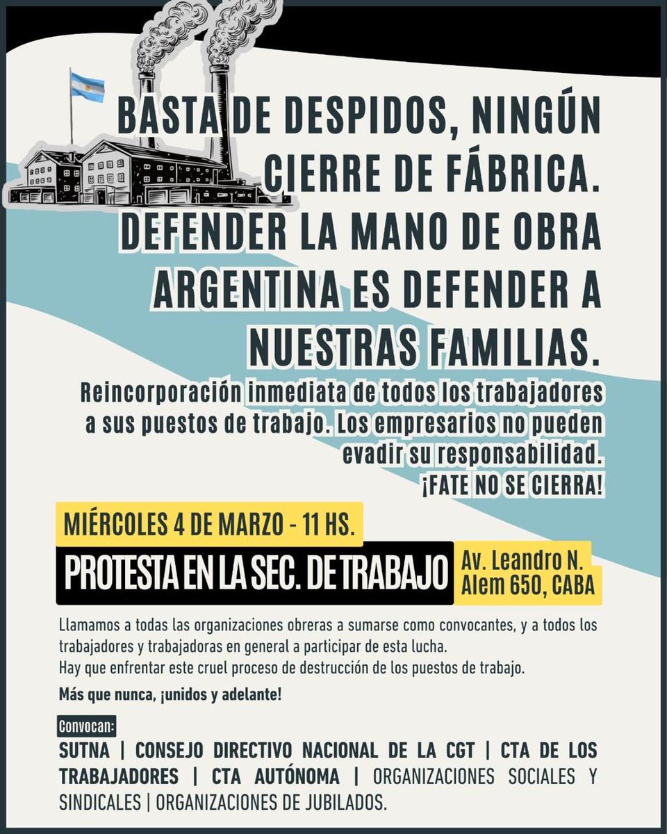 Se suman muchos gremios a la pelea de FATE y el SUTNA. Empiezan a dejar de lado las diferencias ideológicas y se suman varios contra los despidos!