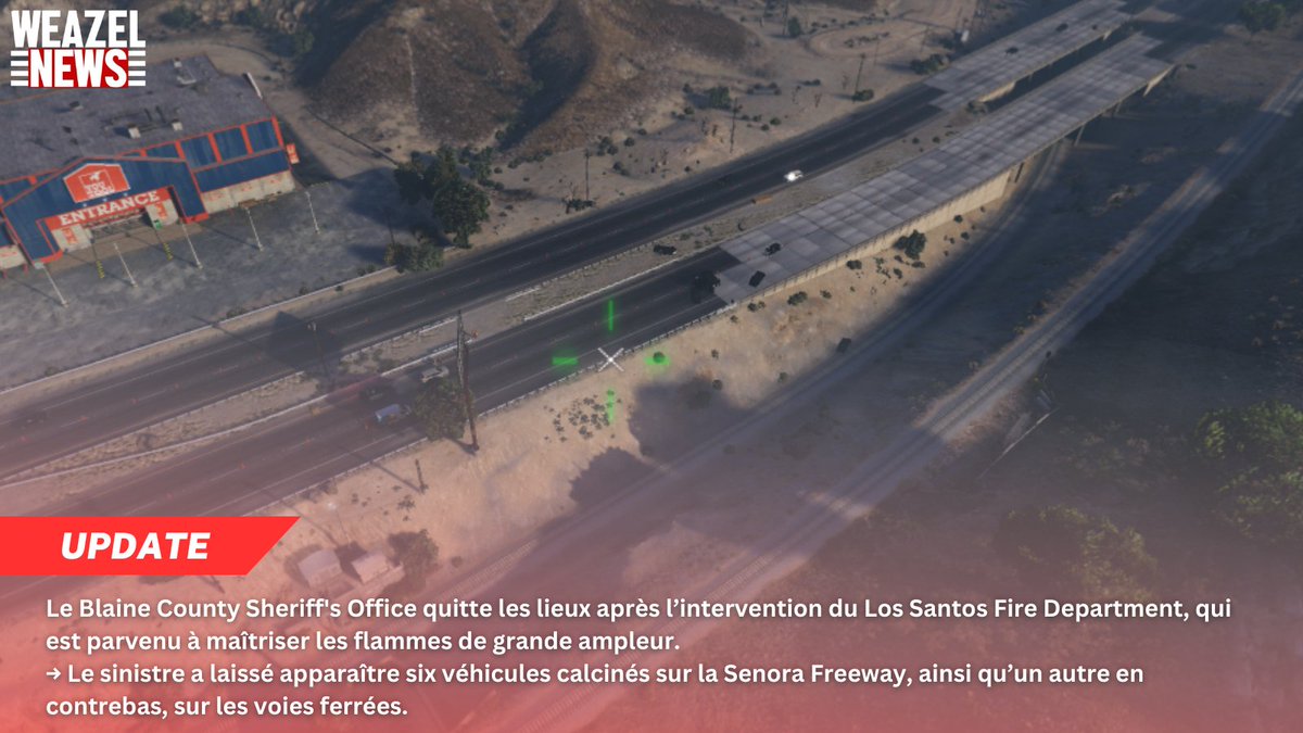 WZN_SA's tweet image. 🚨 BREAKING NEWS - La San Andreas Highway Patrol est arrivée sur zone.

En attente de l’arrivée des dépanneuses pour le rétablissement complet de la circulation.

#SenoraFreeway #SAHP #LSFD #BCSO #Santrans #WeazelNews #SandyShores #SanAndreas #SADoJ #SADoJRP