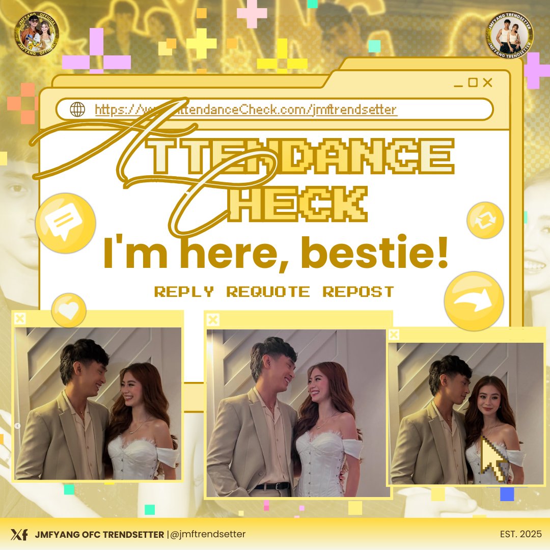 jmftrendsetter's tweet photo. 𝐀𝐓𝐓𝐄𝐍𝐃𝐀𝐍𝐂𝐄 𝐂𝐇𝐄𝐂𝐊!

Drop your replies: ‘I'm here bestie’ TEN times. Use our official tag and hashtag. Let’s keep the timeline active and engaging.

UNFORGETABOLABOL JMFYANG
#AlmostUsSaMayoNa

@imsofiasmith | @jmdibarra_ https://t.co/nAtbQeid0H