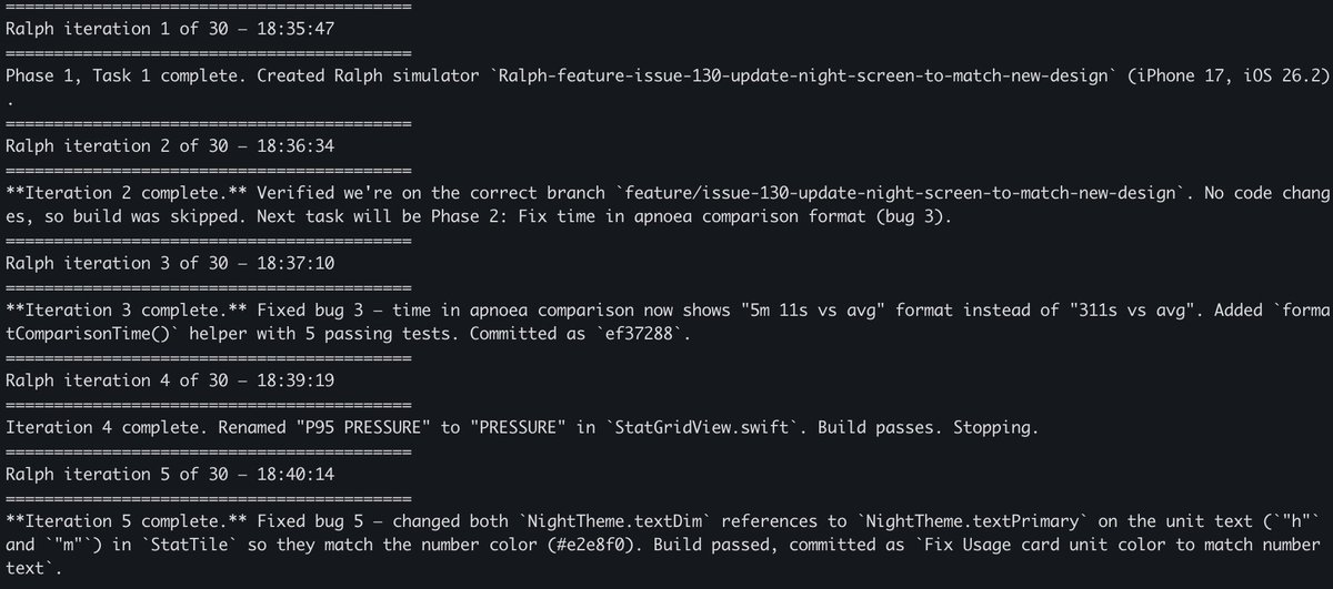 darrenwilson's tweet photo. @alxfazio The implementation loop took 21 minutes - have you considered specifying to Ralph that tasks should be shorter to avoid context bloat?

Curious how you find it. My Ralph loops are each about 5 mins max. I’ve been debating if they’re too short. https://t.co/uZ0lZFJQZU