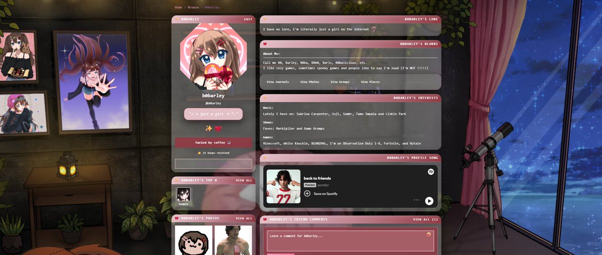 I tried my best to make my page look presentable, I think its pretty cute??? There's still a couple visibility issues but I can't be bothered rn LOL

Be my friend if u wanna 👉🏻👈🏻
myoshi.co/b0barley