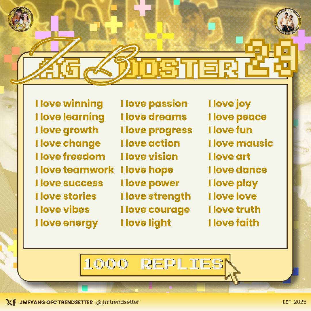 jmftrendsetter's tweet photo. 𝐁𝐄𝐒𝐓𝐈𝐄𝐕𝐈𝐋𝐋𝐄, 𝐇𝐄𝐑𝐄'𝐒 𝐎𝐔𝐑 𝐅𝐈𝐑𝐒𝐓 𝐓𝐀𝐆 𝐁𝐎𝐎𝐒𝐓𝐄𝐑

goal: one thousand replies.

UNFORGETABOLABOL JMFYANG
#AlmostUsSaMayoNa

@imsofiasmith | @jmdibarra_ https://t.co/JfWm1oRw5s