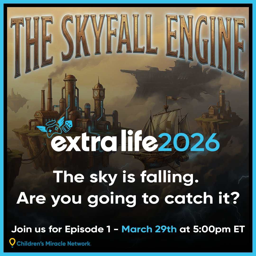ForceInept's tweet photo. The sky is falling. Are you going to catch it?

Introducing The Skyfall Engine — a D&amp;D 5e charity campaign for @ExtraLife4Kids. Floating islands. Airship chases. A tyrant ripping worlds from the sky. And YOU can change the story.

First session: Sunday, March 29th at 5:00 PM ET. https://t.co/2LR92Nvpqw