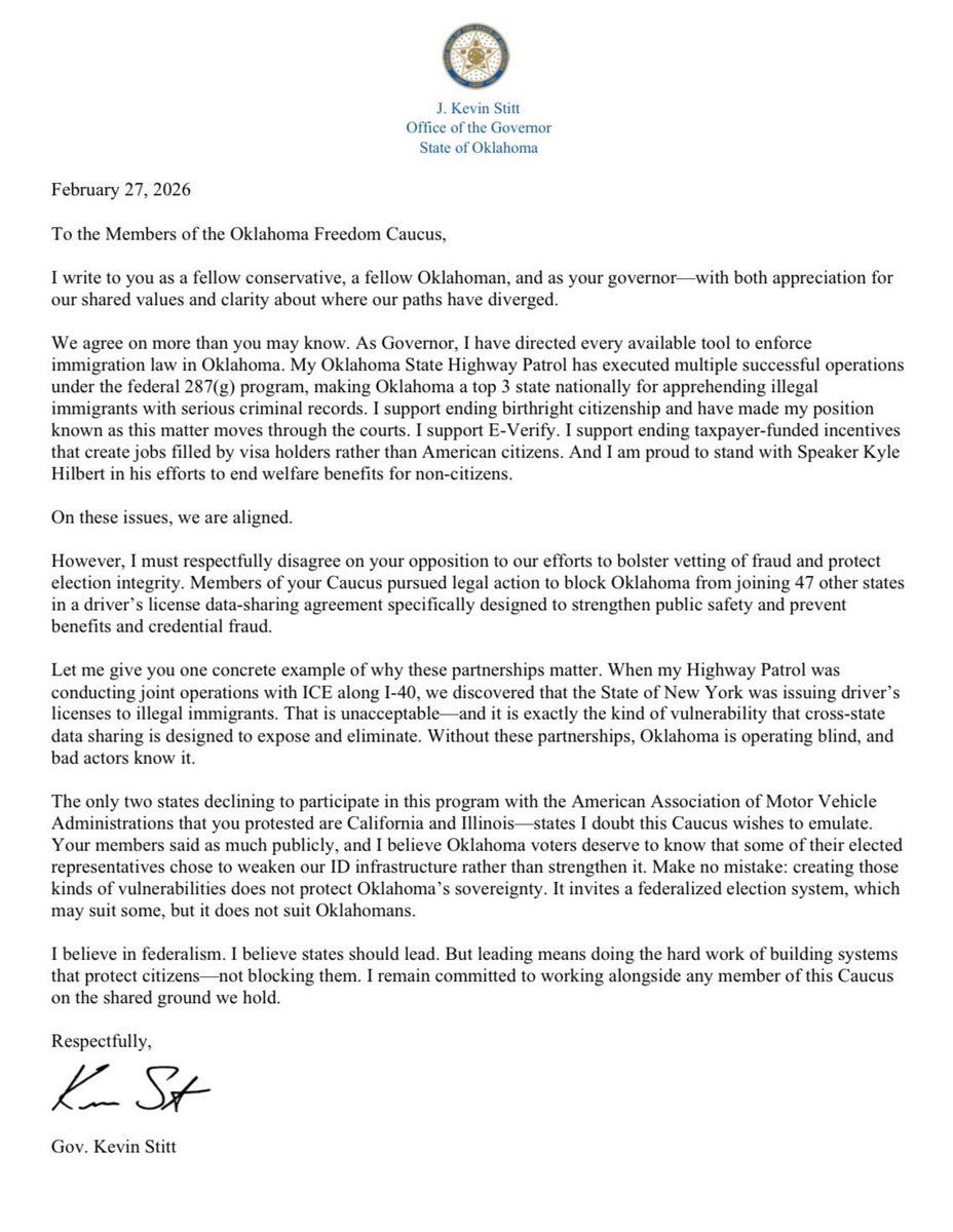 GovStitt's tweet image. Wanted to take a moment to set the record straight about my views on immigration.
 
As your Governor, I have directed every available tool to enforce immigration law in Oklahoma. My Oklahoma State Highway Patrol has executed multiple successful operations under the federal 287(g)