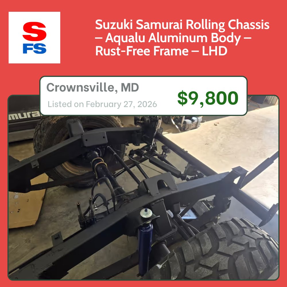samuraiforsale's tweet image. Suzuki Samurai Rolling Chassis – Aqualu Aluminum Body – Rust-Free Frame – LHD in Crownsville, MD
marketplace.samuraiforsale.com/listing/suzuki…

#suzukisamurai #samuraiforsale #zuki