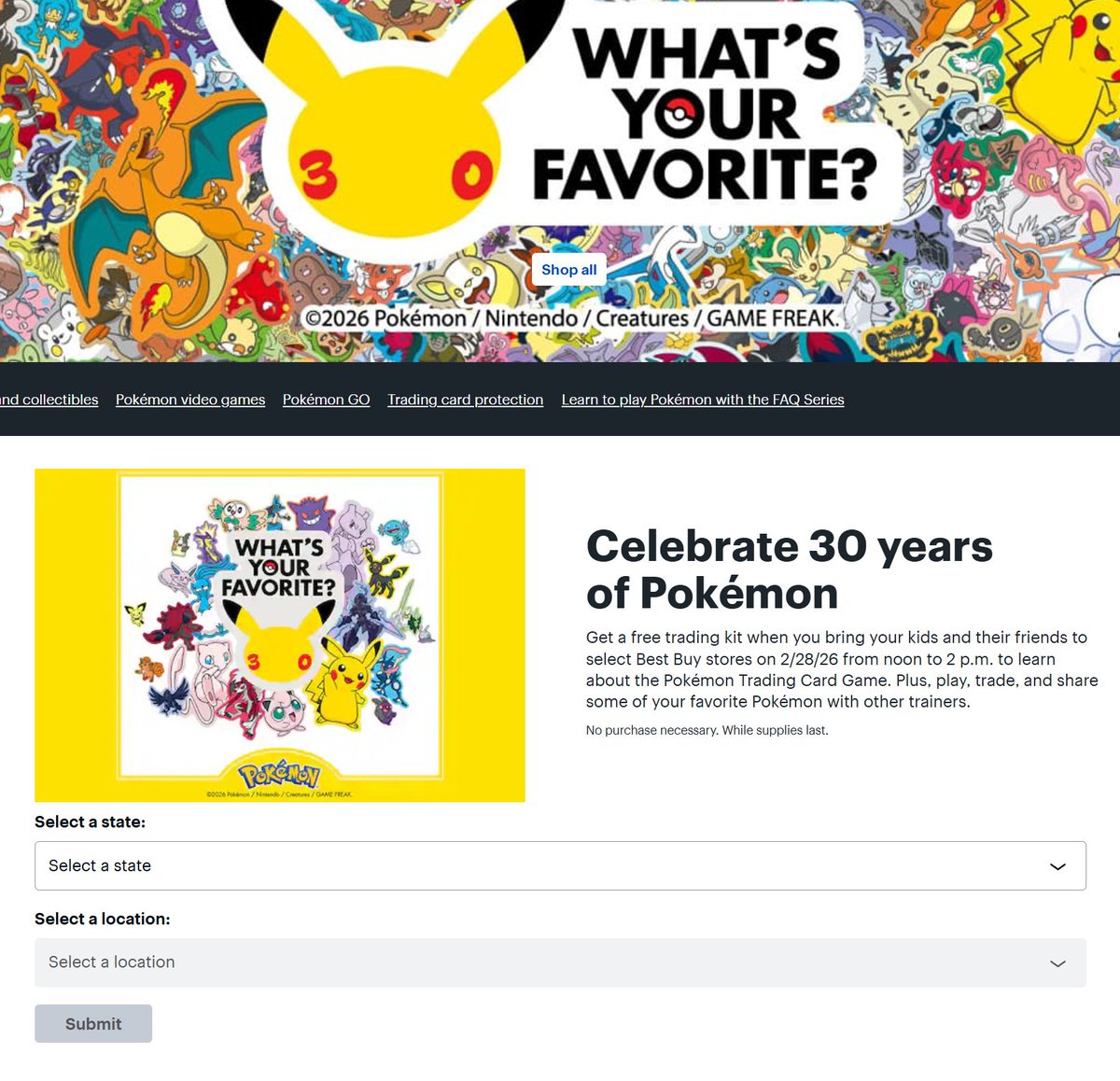 Best Buy In-Store Trade and Play Event on Saturday 2/28! Select Stores Restocking Pokemon TCG Products✨

More Info:
bit.ly/4cPbceP
bit.ly/46Rk6oD

Select locations will have Destined Rivals Booster Bundles, Pokemon Day 2026 Boxes, Tins and more on 2/28 - select