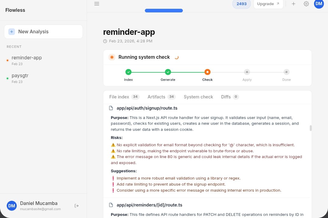 damucamba's tweet photo. @heyrimsha AI writes code faster than anyone can review it.
Most bugs that reach production aren't syntax errors.
They're the API key in plain text.
The query returning wrong data silently.
The config that only fails with real users.
We built @FlowLessAI to fix this. https://t.co/qhfMFFmrMw