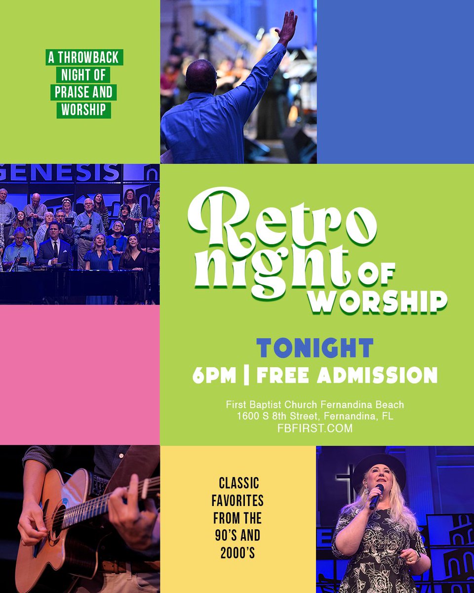 FBFernandina's tweet image. 🎶✨ Join us tonight for our Retro Night of Worship at 6PM!

Come sing the songs that shaped your faith and lift up the name of Jesus together. It’s going to be a powerful night of praise and joy — we can’t wait to worship with you! 🙌
Doors open at 5:30.
#FBFirst