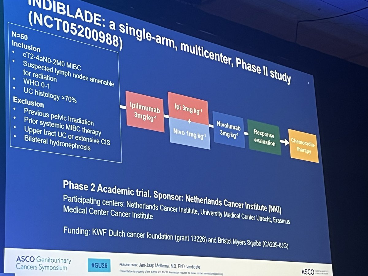 DrChoueiri's tweet photo. Induction ipi + nivo → CRT as bladder preservation in MIBC.
Indi-Blade: 2-year bladder-intact EFS 76%, and 2-year OS 96%. 
ctDNA negativity identifies a group with 89% 2-year BI-EFS.
Systemic control first. Local consolidation second. Serious strategy.

#BladderCancer #GU26
#Oncoalert