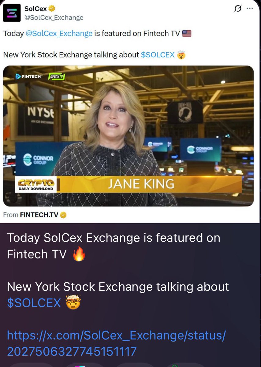 Samtee_tee's tweet photo. 🔥 $SOLCEX JUST HIT THE NEW YORK STOCK EXCHANGE 🤯

SolCex has officially been featured on Fintech TV, broadcast straight from the floor of the NYSE — one of the biggest financial stages in the world.

This is not just visibility…
This is global recognition.
This is mainstream validation.
This is SolCex entering the big leagues. 🚀

The world’s financial capital is now talking about $SOLCEX — and the momentum is only getting stronger.

Crypto is watching.
Investors are watching.
The industry is waking up.

SolCex is no longer “up‑and‑coming.”
SolCex is arriving. 🔥🚀

#SOLCEX #CryptoNews #FintechTV #NYSE #CryptoExchange #Solana #Web3 #Bullish

@SolCex_Exchange 
@a16zcrypto
@coinbase @CoinbaseVentures
@binance  @BinanceLabs
@PanteraCapital
@paradigm
@MulticoinCap
@jump_ 
@GalaxyHQ
@Sequoia
@Solana
@SolanaFndn
@TheTONFoundation
@LTCFoundation
@fintech_tv
 @NYSE