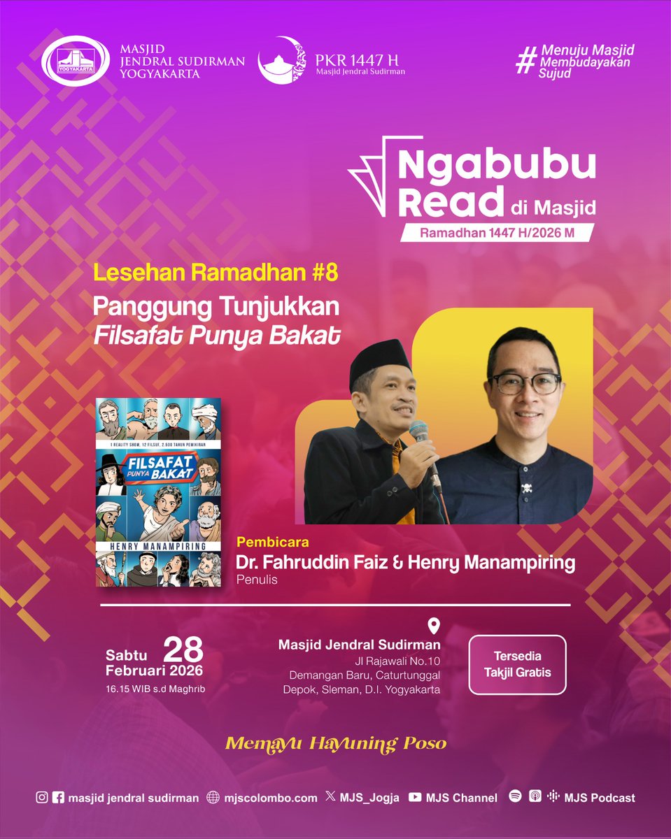 NgabubuRead di Masjid | Lesehan Ramadhan #8 | Panggung Tunjukkan Filsafat Punya Bakat | Dr. Fahruddin Faiz dan Henry Manampiring 

Mari beramadhan di Masjid Jendral Sudirman | Memayu Hayuning Poso | Ngaji dan Literasi | Menuju Masjid Membudayakan Sujud

#ngabubureaddimasjid