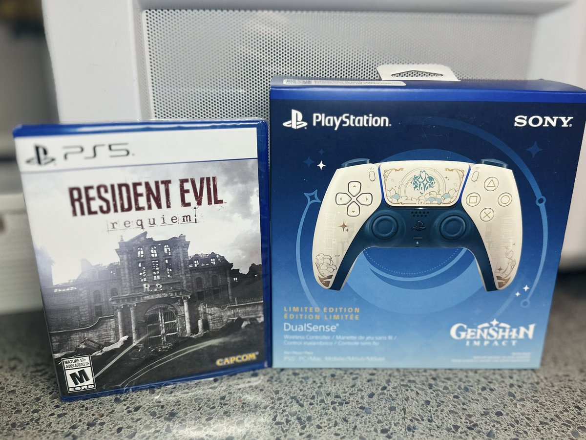 trophyhuntlady's tweet photo. Got my deliveries earlier but canโt even play yet because at work this evening. Such is lifeโฆcanโt wait to start it up though! #ResidentEvilRequiem #ResidentEvil9 #PS5Pro #PS5 #PS5Controller #GenshinImpact #PlayStation #PSN https://t.co/DVw0EeJ4Xp