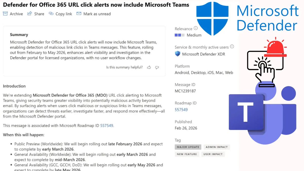 TechFramework's tweet photo. 🔐 Microsoft Defender now monitors malicious link clicks in Teams

Microsoft is expanding Defender for Office 365 URL protection to include Microsoft Teams chats, meetings, and shared channels.

#Microsoft365 #Defender #MicrosoftTeams #CyberSecurity

https://t.co/umI5BXiqw5 https://t.co/9Wkb3me3i5