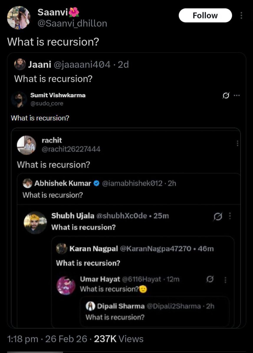rubenroy2005's tweet photo. What is recursion? https://t.co/o1E8Y84Qyt
