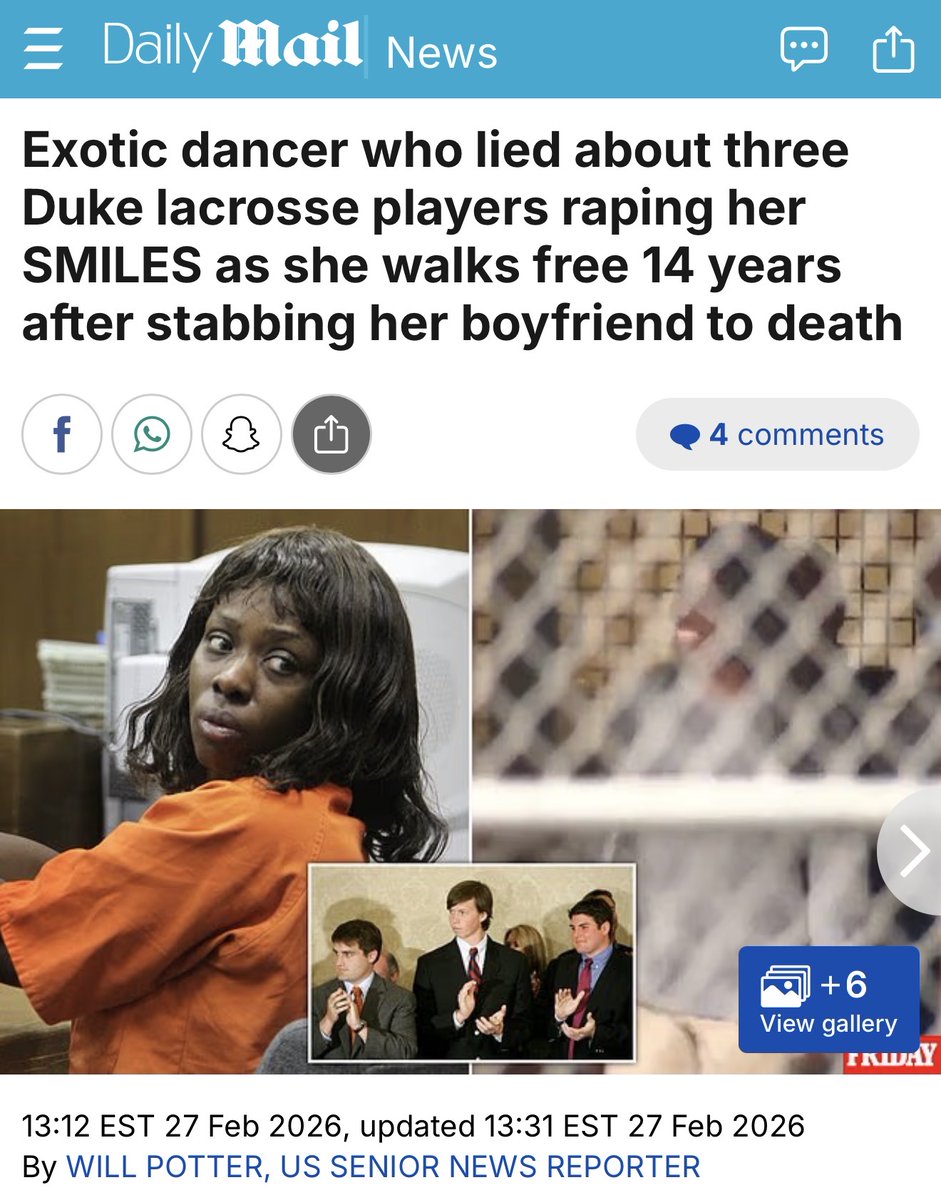 She (Crystal Mangum) was sentenced to 14–18 years on November 22, 2013 for stabbing her boyfriend to death in 2011.  
She served just 12 years and 3 months.

She served absolutely no time for the false rape accusations against the three innocent men in 2006.

Full story below. ⬇️
