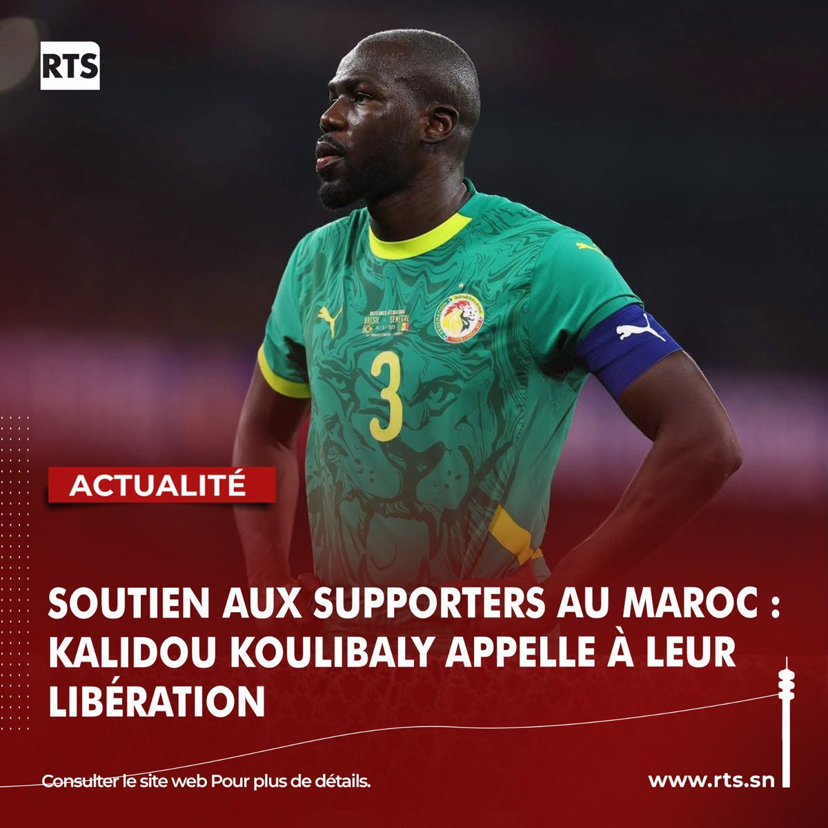 Le capitaine des Lions, Kalidou Koulibaly, a exprimé son soutien aux supporters sénégalais restés au Maroc. Dans un message publié sur ses pages, il appelle à leur libération et réaffirme la solidarité de toute l’équipe nationale.
rts.sn/actualite/deta…