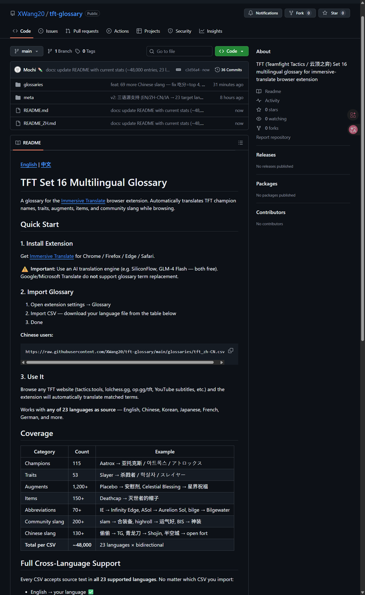 asholley1015's tweet photo. (1/10) @waang_x  just open-sourced a multilingual TFT terminology glossary supporting 23 languages (link below).
Combined with the browser extension Immersive Translate, it almost completely removes language barriers when you learning TFT content from other regions. https://t.co/FOMT1WIBeo