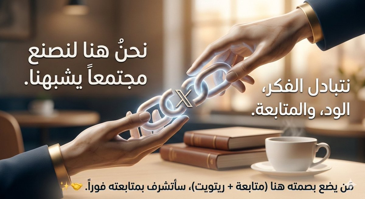 نحنُ هنا لنصنع مجتمعاً يشبهنا.. نتبادل الفكر، الود، والمتابعة.
مَن يضع بصمته هنا (متابعة + ريتويت)، سأتشرف بمتابعته فوراً. ✨🤝"#تابعني_اتابعك_فوراً