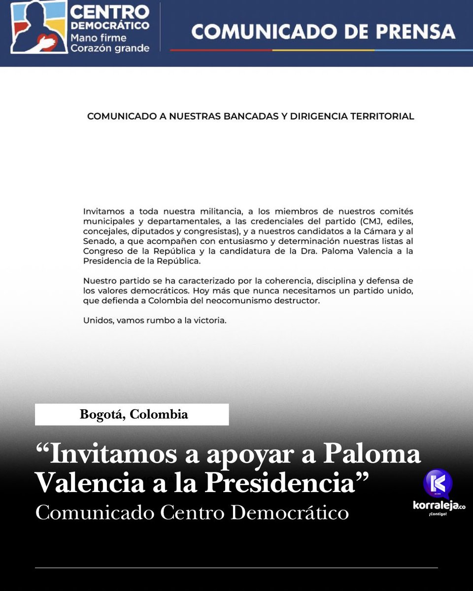 Korraleja's tweet image. 🔵 “Invitamos a toda nuestra militancia a a apoyar la candidatura de #PalomaValencia a la #Presidencia y a nuestras listas al congreso. Necesitamos un partido unido”, expresó el Partido #CentroDemocrático a través de un reciente comunicado de prensa.

Según varios medios