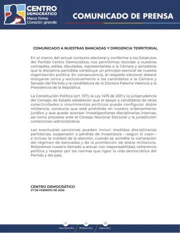 Korraleja's tweet image. 🔵 “Invitamos a toda nuestra militancia a a apoyar la candidatura de #PalomaValencia a la #Presidencia y a nuestras listas al congreso. Necesitamos un partido unido”, expresó el Partido #CentroDemocrático a través de un reciente comunicado de prensa.

Según varios medios