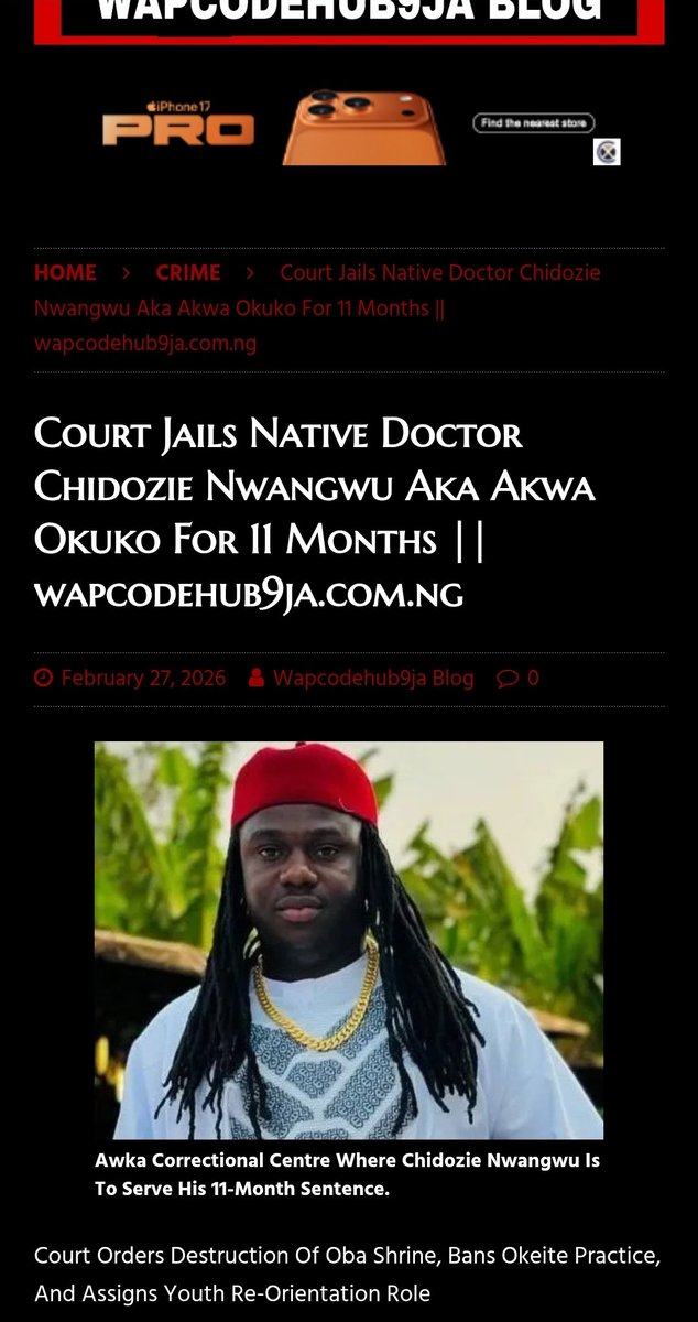 Court Jails Native Doctor Chidozie Nwangwu Aka Akwa Okuko For 11 Months || wapcodehub9ja

Court Orders Destruction Of Oba Shrine, Bans Okeite Practice, And Assigns Youth Re-Orientation Role

By Wapcodehub9ja LIVE 
.
#wapcodehubsite #tummytuck #news #entertainment #crianca