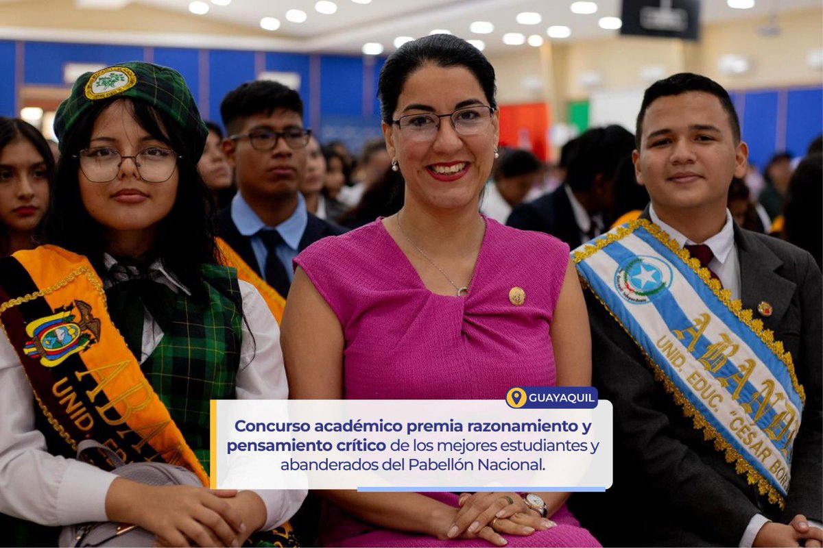 Educacion_Ec's tweet photo. 🙋🏻‍♀️ La ministra @GildaAlcivarOk participó en el Concurso Académico “Abanderados del Saber-Zona 8", en Guayaquil, iniciativa que reconoce y fomenta la excelencia de los mejores estudiantes y abanderados del Pabellón Nacional de instituciones educativas fiscales. 🎓🇪🇨

🧠📚 La competencia se desarrolló mediante preguntas de conocimiento general y disciplinar, orientadas a evaluar el razonamiento lógico, pensamiento crítico y dominio académico. 

Los ganadores obtienen becas del 100% otorgadas por universidades e institutos de educación superior, garantizando la continuidad de su formación profesional. ✔️

#ElNuevoEcuador
