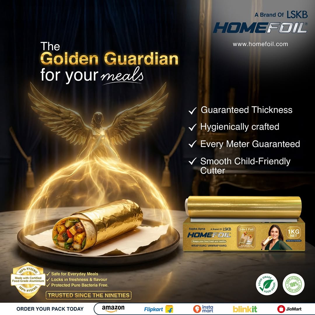 LskbFoils's tweet photo. HOMEFOIL 2-in-1 Gold Foil ✨

A smart wrapping solution for kitchens &amp; professionals.
🟡 Paper side for easy wrapping
🟡 Golden foil side for premium presentation

✔ Assured thickness
✔ Keeps food fresh &amp; warm
✔ Hygienic &amp; uniform meter
✔ Smooth cutter

#HOMEFOIL #LSKB https://t.co/YDmXS5u67E