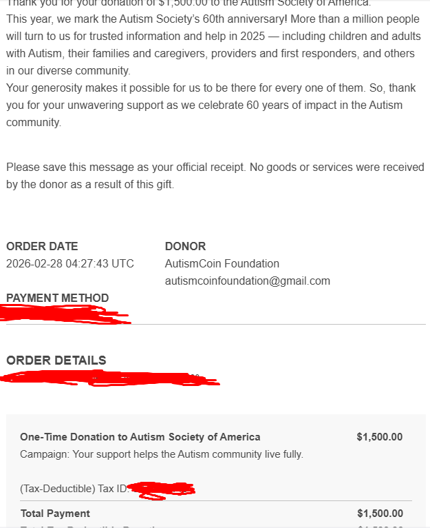 Another $1500 donated. 
(Sent to autismsociety.org)

Will continue making donating to $AUTISM daily.