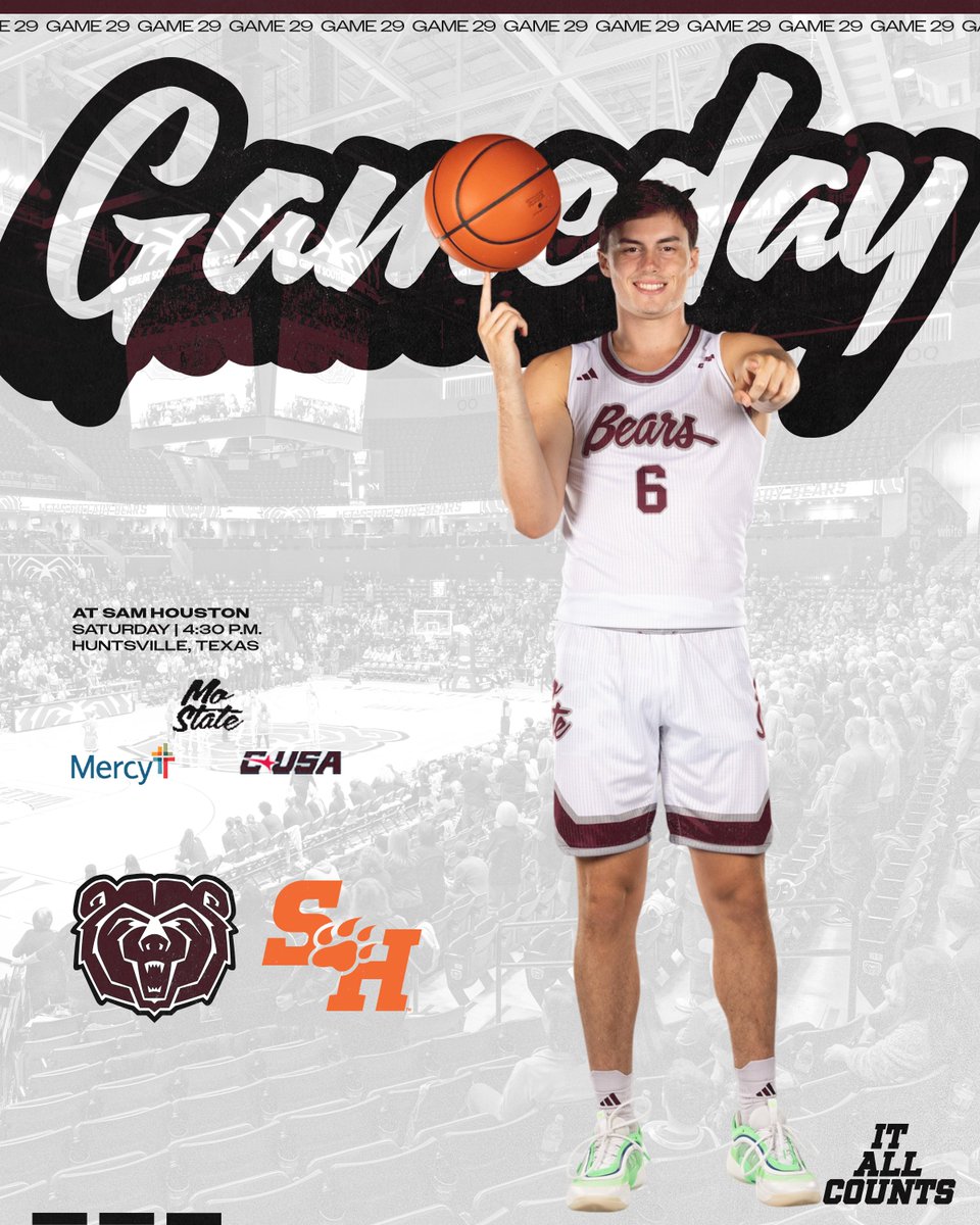 MoStateMBB's tweet photo. GAMEDAY!!!    
Bears in Huntsville to take on Sam Houston for final road game
🆚 Sam Houston
📍Huntsville, Texas
🕟 4:30 p.m.
🎟️ Tickets https://t.co/JH1ufm3DoK
📺 ESPN+ https://t.co/ciJIy7jGWp
📻 Varsity App https://t.co/OOs4o3EIkw 
📈 Live Stats https://t.co/wzsJJWWA5q
📒 Game Notes https://t.co/FhAv3vflSZ

#ItAllCounts