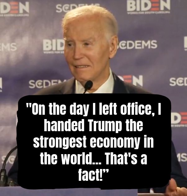 DavidJHarrisJr's tweet photo. Joe Biden says he had a more secure border and better economy than Trump: “The day I left office, border crossings in the United States were lower than the day that I entered an office inherited from Trump. He is — I won't say it. That's just a fact.”

“On the day I left office, I handed Trump the strongest economy in the world. In the world, that's not hyperbole. That's a fact!”