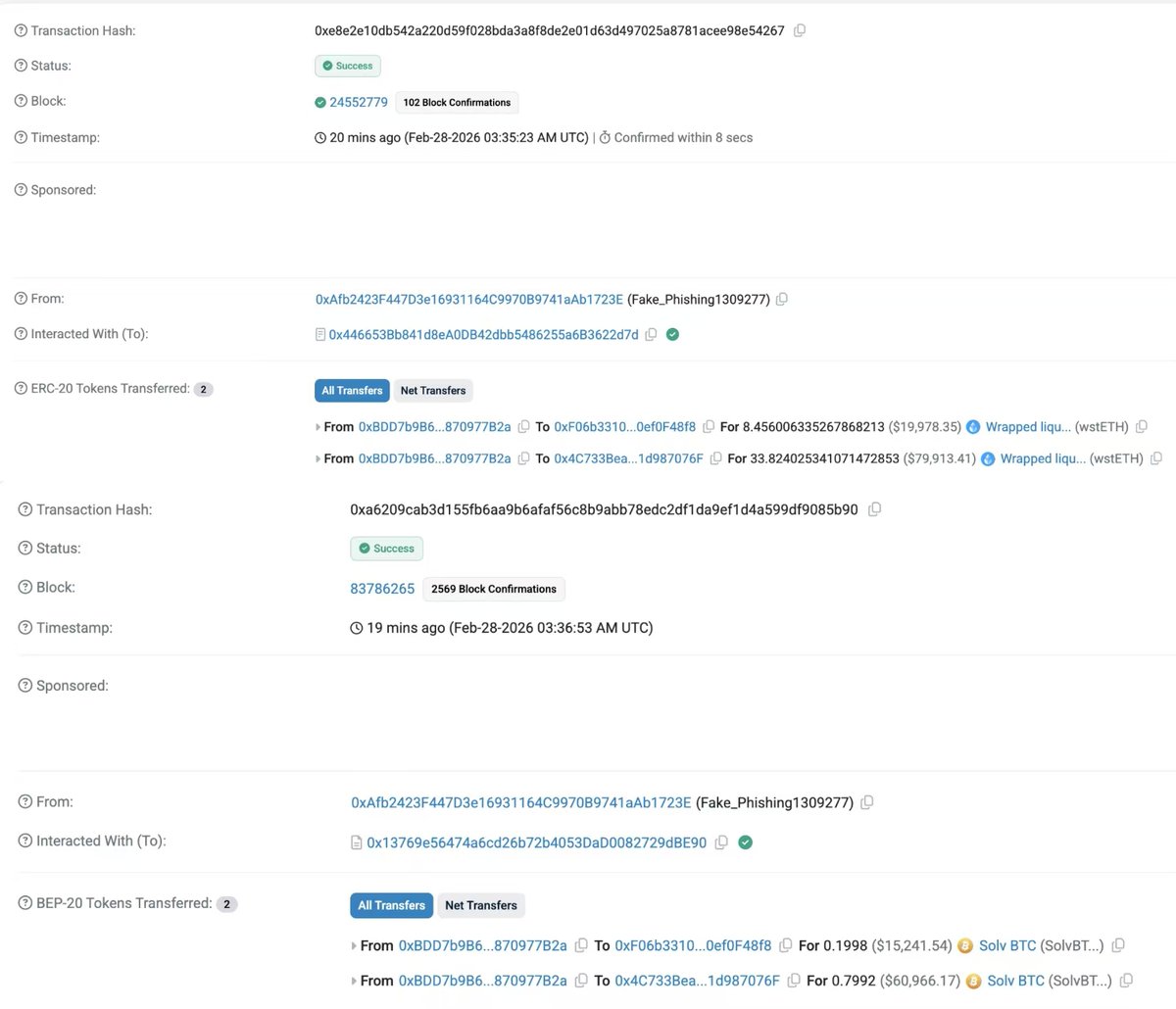 GoPlusZH's tweet image. 🚨GoPlus安全警报：某用户因签署了恶意 #permit #Approve 交易后，被钓鱼者转走价值~$165K 的wstETH、SolvBTC。

受害地址:0xBDD7b9B6608757600b8b67A0945119c870977B2a

钓鱼地址:0xAfb2423F447D3e16931164C9970B9741aAb1723E
0xF06b3310486F872AB6808f6602aF65a0ef0F48f8