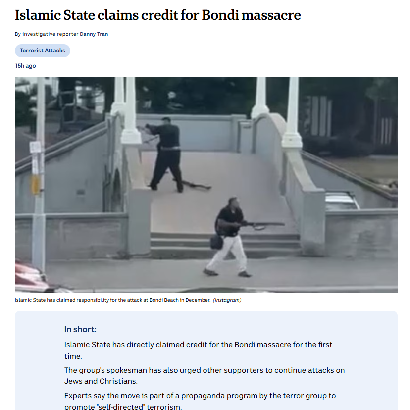 Oh look, now it's Official, They're Proud of That, Jihad Attack Against Jews at Bondi Beach.

And, The ABC is happy to Advertise Muslim's Calls to More Jihad Attacks.

When do we round them all up?
abc.net.au/news/2026-02-2…