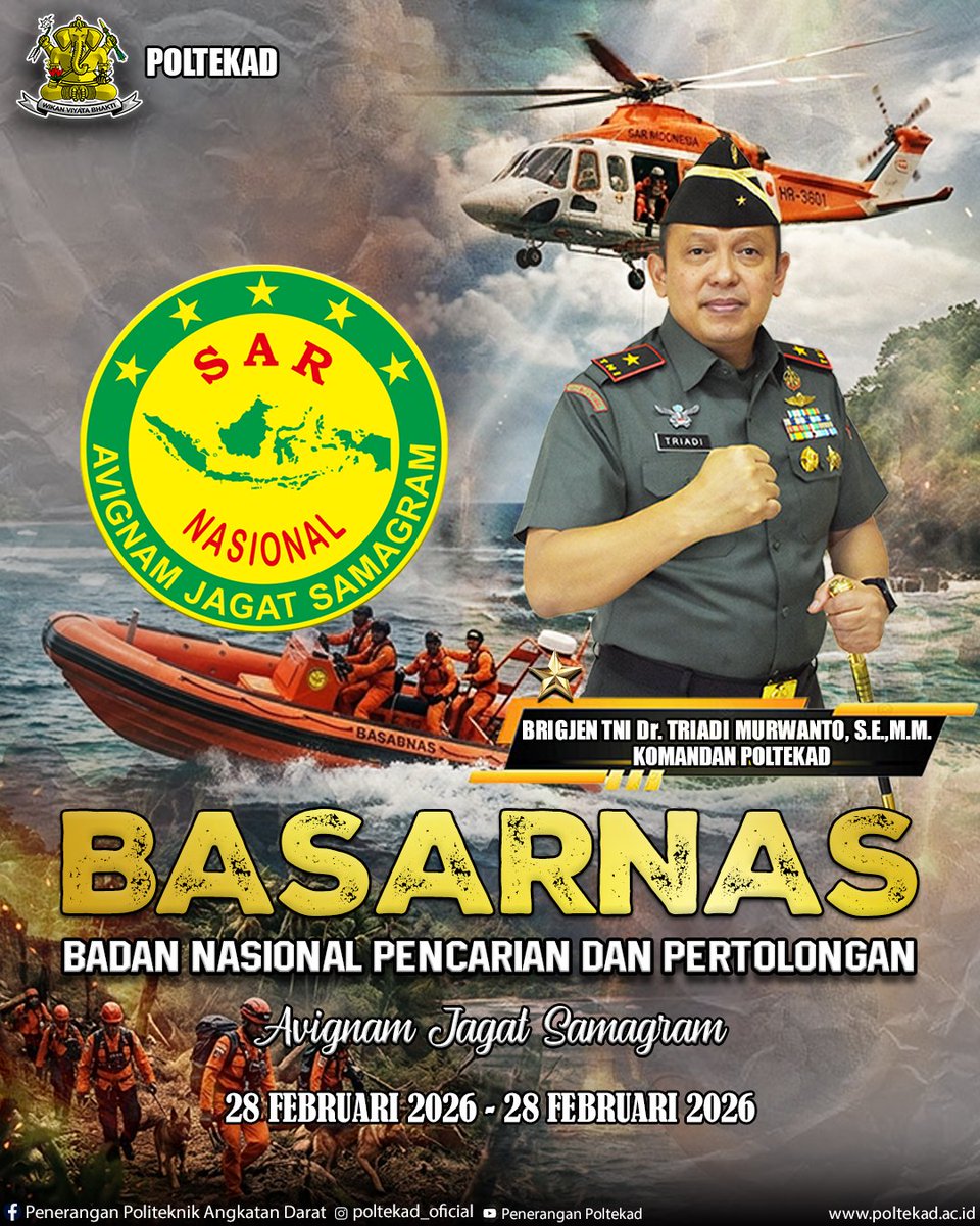 penpoltekad's tweet image. "SELAMAT HARI ULANG TAHUN BASARNAS! 
Terima kasih atas dedikasi dan keberaniannya dalam menjaga keselamatan Indonesia. Semangat terus dalam setiap misi pencarian dan pertolongan! Avignam Jagat Samagram! #BASARNAS #HUTBASARNAS #PenyelamatBangsa"