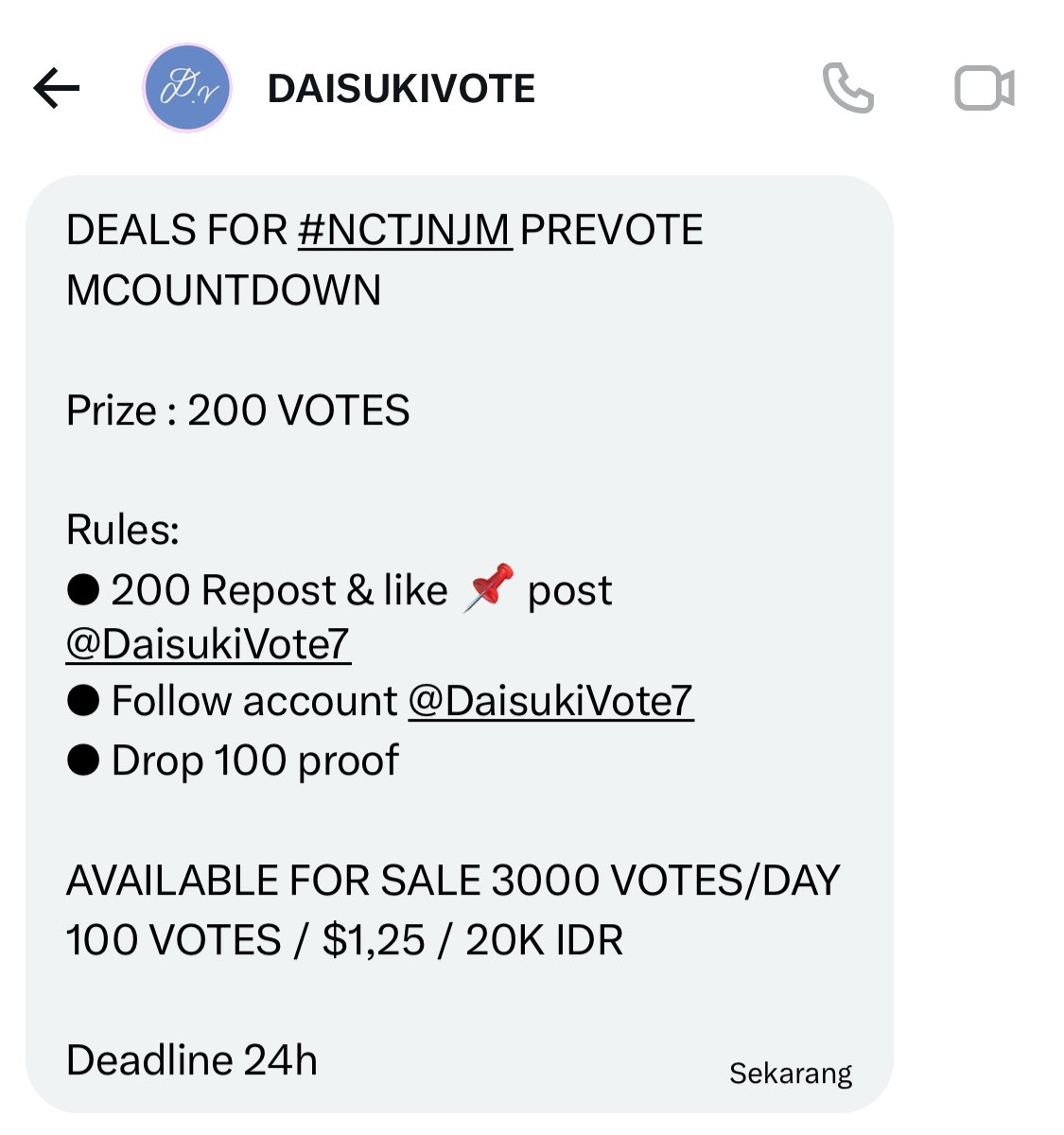 RT DEALS FOR #NCTJNJM PREVOTE MCOUNTDOWN

Prize : 200 VOTES

Rules:
● 200 Repost &amp; like 📌 post <a href="/DaisukiVote7/">DAISUKIVOTE</a> 
● Follow account <a href="/DaisukiVote7/">DAISUKIVOTE</a>
● Drop 100 proof 

AVAILABLE FOR SALE 3000 VOTES/DAY
100 VOTES / $1,25 / 20K IDR 

Deadline 24h